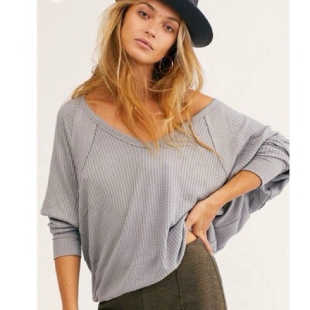 Free People We The Free Santa Clara Thermal Top Gray Waffle Knit Long Sleeve M
